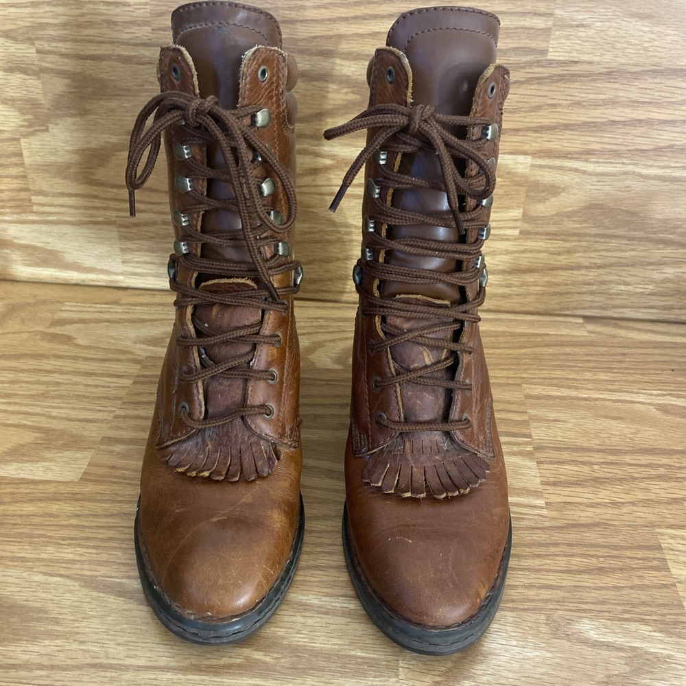 Double H 1088 Women's 7M Brown Leather Kiltie Mid-Calf Lace Up Heeled Boots
